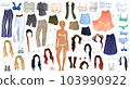 Vacation Outfit Paper Doll with Clothing, Hairstyles and Accessories. Vector Illustration 103990922