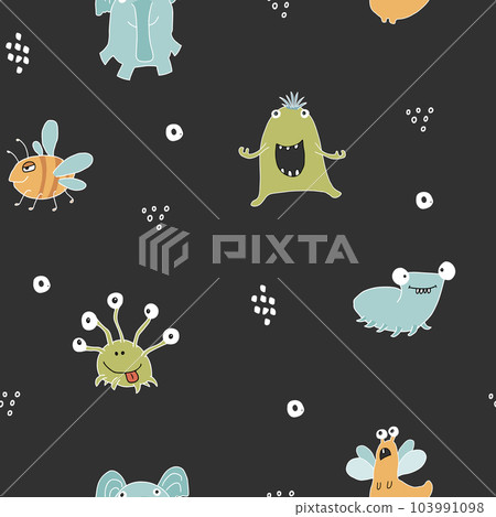 Cute monsters seamless pattern. Cartoon monsters background. Vector illustration Cute monsters seamless pattern. Cartoon monsters background. Vector illustration 103991098