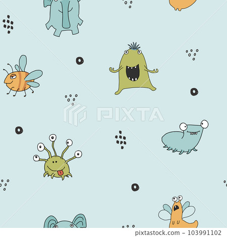 Cute monsters seamless pattern. Cartoon monsters background. Vector illustration Cute monsters seamless pattern. Cartoon monsters background. Vector illustration 103991102