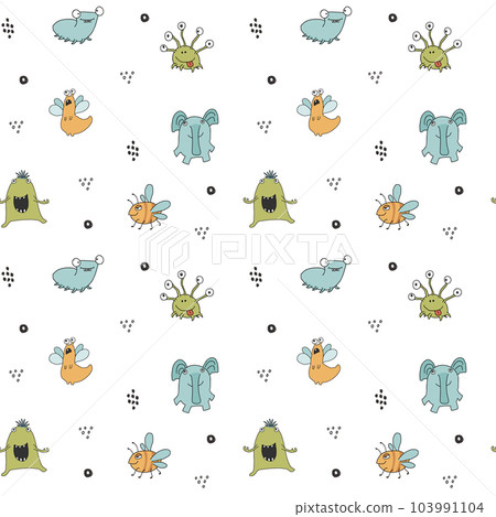 Cute monsters seamless pattern. Cartoon monsters background. Vector illustration Cute monsters seamless pattern. Cartoon monsters background. Vector illustration 103991104