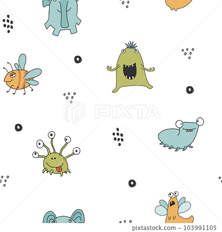Cute monsters seamless pattern. Cartoon monsters background. Vector illustration Cute monsters seamless pattern. Cartoon monsters background. Vector illustration 103991105