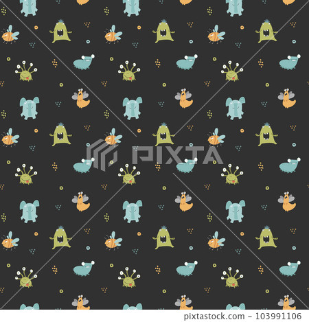Cute monsters seamless pattern. Cartoon monsters background. Vector illustration Cute monsters seamless pattern. Cartoon monsters background. Vector illustration 103991106