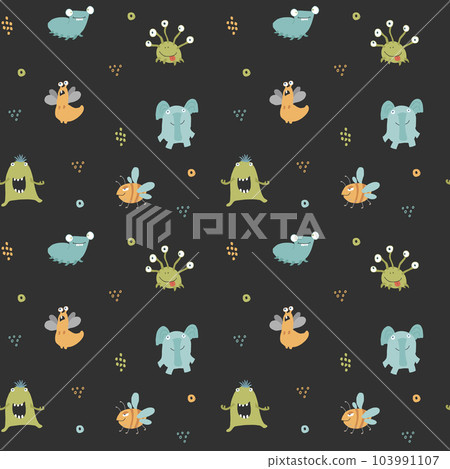 Cute monsters seamless pattern. Cartoon monsters background. Vector illustration Cute monsters seamless pattern. Cartoon monsters background. Vector illustration 103991107