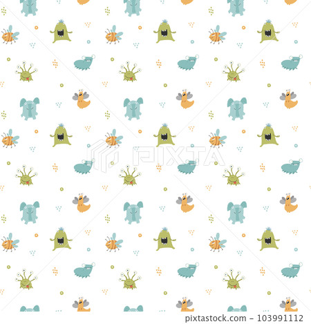 Cute monsters seamless pattern. Cartoon monsters background. Vector illustration Cute monsters seamless pattern. Cartoon monsters background. Vector illustration 103991112