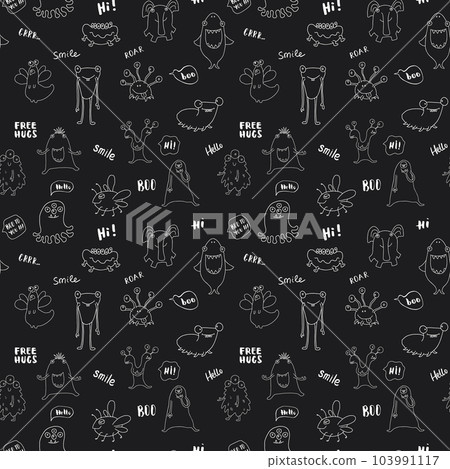 Cute monsters seamless pattern. Cartoon monsters background. Vector illustration Cute monsters seamless pattern. Cartoon monsters background. Vector illustration 103991117