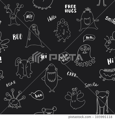 Cute monsters seamless pattern. Cartoon monsters background. Vector illustration 103991118
