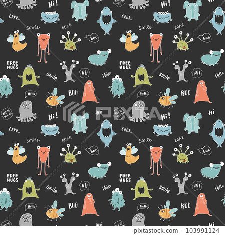 Cute monsters seamless pattern. Cartoon monsters background. Vector illustration 103991124