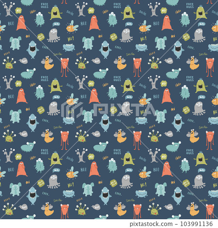 Cute monsters seamless pattern. Cartoon monsters background. Vector illustration Cute monsters seamless pattern. Cartoon monsters background. Vector illustration 103991136