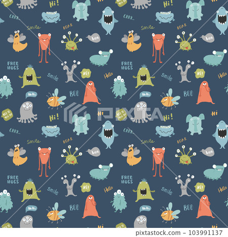 Cute monsters seamless pattern. Cartoon monsters background. Vector illustration Cute monsters seamless pattern. Cartoon monsters background. Vector illustration 103991137