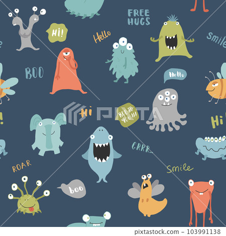 Cute monsters seamless pattern. Cartoon monsters background. Vector illustration Cute monsters seamless pattern. Cartoon monsters background. Vector illustration 103991138