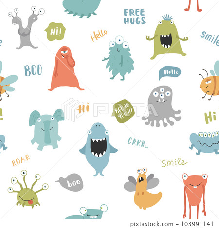 Cute monsters seamless pattern. Cartoon monsters background. Vector illustration 103991141