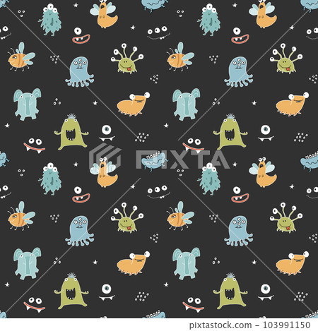 Cute monsters seamless pattern. Cartoon monsters background. Vector illustration 103991150