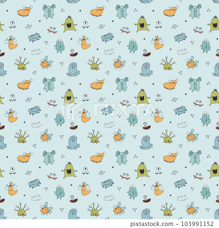 Cute monsters seamless pattern. Cartoon monsters background. Vector illustration Cute monsters seamless pattern. Cartoon monsters background. Vector illustration 103991152