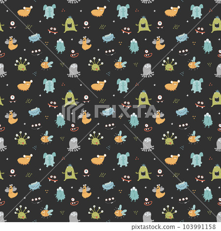 Cute monsters seamless pattern. Cartoon monsters background. Vector illustration 103991158