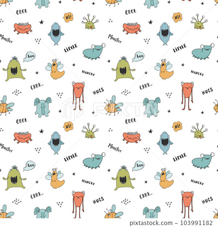 Cute monsters seamless pattern. Cartoon monsters background. Vector illustration 103991182