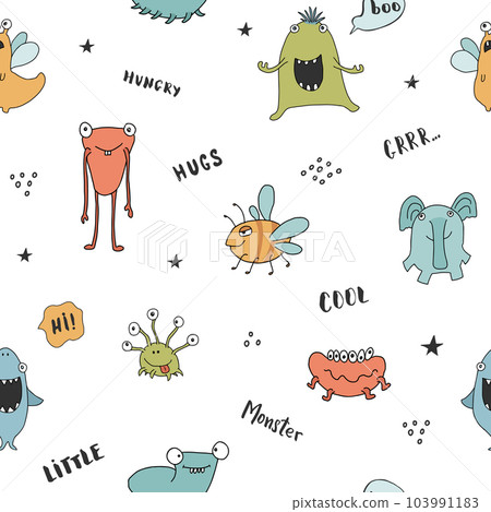 Cute monsters seamless pattern. Cartoon monsters background. Vector illustration 103991183
