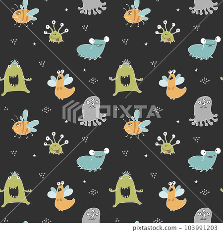 Cute monsters seamless pattern. Cartoon monsters background. Vector illustration Cute monsters seamless pattern. Cartoon monsters background. Vector illustration 103991203