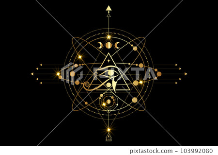 Eye Of Horus Logo design. Gold ancient symbol of Egyptian pyramid, third Eye, cosmic symbols, orbits of planets, lunar system. Vector isolated on black background. Print, poster, T-shirt Eye Of Horus Logo design. Gold ancient symbol of Egyptian pyramid, third Eye, cosmic symbols, orbits of planets, lunar system. Vector isolated on black background. Print, poster, T-shirt 103992080