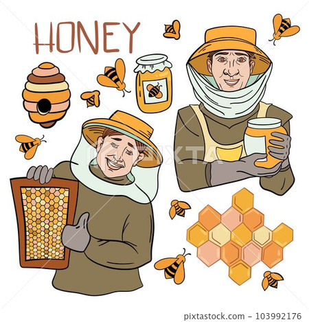 Honey set. Honeycombs, bee, honey in glass jar, wooden honey dipper, honey in metal spoon and flowers isolated on white background. Vector illustration of organic natural sweets in cartoon flat style 103992176