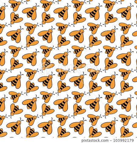 Beehive and bee. Hand-drawn seamless cartoon pattern with honey bees and hives. Vector illustration. 103992179