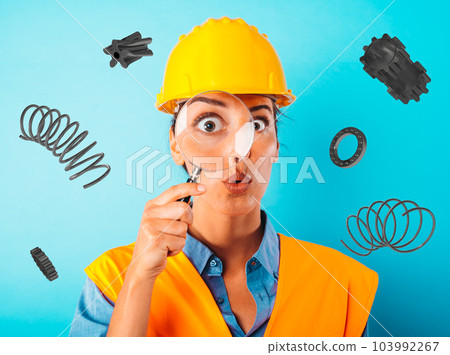 Amazed woman worker with helmet and magnifier 103992267