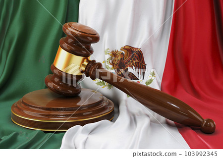 Mexican law and justice concept. Wooden gavel on flag of Mexico, 3D rendering Mexican law and justice concept. Wooden gavel on flag of Mexico, 3D rendering 103992345