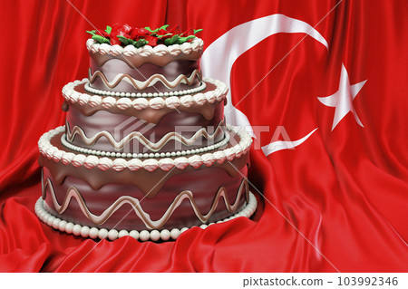 Chocolate cake on the Turkish flag background, 3D rendering Chocolate cake on the Turkish flag background, 3D rendering 103992346