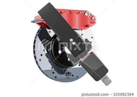 Car disc brake with safety belt, 3D rendering Car disc brake with safety belt, 3D rendering 103992364