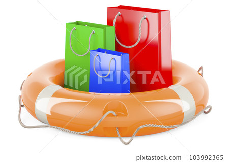 Shopping bags with lifebuoy, 3D rendering Shopping bags with lifebuoy, 3D rendering 103992365
