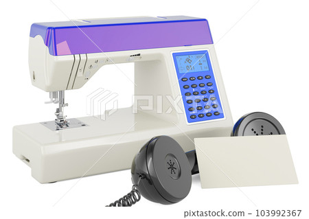 Sewing machine with blank business card and retro phone receiver. 3D rendering Sewing machine with blank business card and retro phone receiver. 3D rendering 103992367