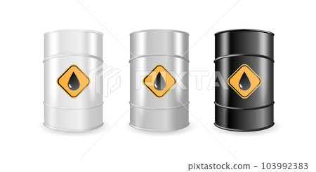 Realistic White, Steel and Black Metal Oil, Fuel, Gasoline Barrel Set Isolated. Design Template of Packaging for Mockup. Vector Realistic White, Steel and Black Metal Oil, Fuel, Gasoline Barrel Set Isolated. Design Template of Packaging for Mockup. Vector 103992383