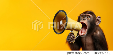 Monkey with a megaphone on a yellow background. The concept of advertising, ads. Generative AI 103992449