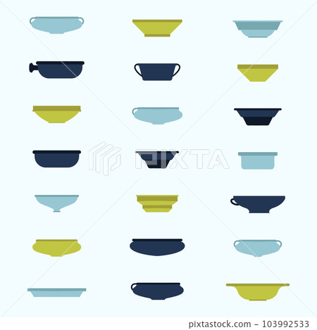 Vector flat illustration. Handmade ceramic plates, bowls, dishes and toes for food Vector flat illustration. Handmade ceramic plates, bowls, dishes and toes for food 103992533