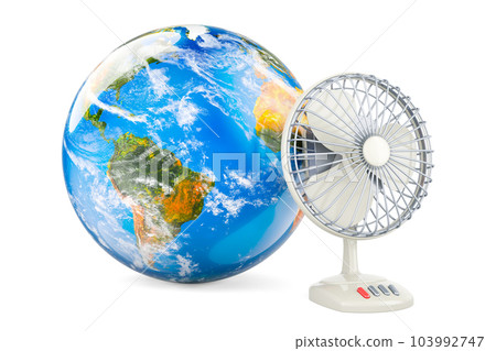 Table fan with Earth Globe. 3D rendering Table fan with Earth Globe. 3D rendering 103992747