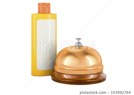 Orange plastic cosmetic bottle with reception bell. 3D rendering Orange plastic cosmetic bottle with reception bell. 3D rendering 103992764
