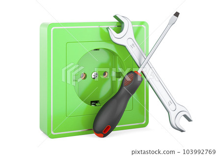 Electrical outlet, socket with screwdriver and wrench. 3D rendering Electrical outlet, socket with screwdriver and wrench. 3D rendering 103992769