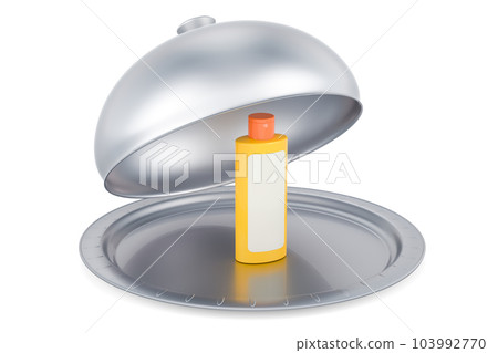 Restaurant cloche with plastic cosmetic bottle mockup. Shampoo, balm, conditioner or oil bottle. 3D rendering Restaurant cloche with plastic cosmetic bottle mockup. Shampoo, balm, conditioner or oil bottle. 3D rendering 103992770