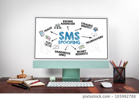 SMS SPOOFING Concept. Chart illustration with icons, keywords and arrows. Computer on the office 103992788