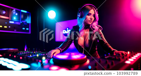 DJ girl in a nightclub behind a DJ console and equipment in colored diode or neon rays, mostly purple. Generative AI. DJ girl in a nightclub behind a DJ console and equipment in colored diode or neon rays, mostly purple. Generative AI. 103992789