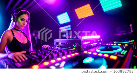 DJ girl in a nightclub behind a DJ console and equipment in colored diode or neon rays, mostly purple. Generative AI. DJ girl in a nightclub behind a DJ console and equipment in colored diode or neon rays, mostly purple. Generative AI. 103992792