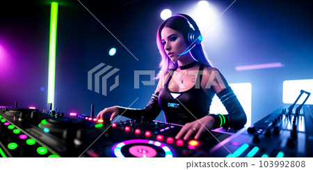 DJ girl in a nightclub behind a DJ console and equipment in colored diode or neon rays, mostly purple. Generative AI. DJ girl in a nightclub behind a DJ console and equipment in colored diode or neon rays, mostly purple. Generative AI. 103992808