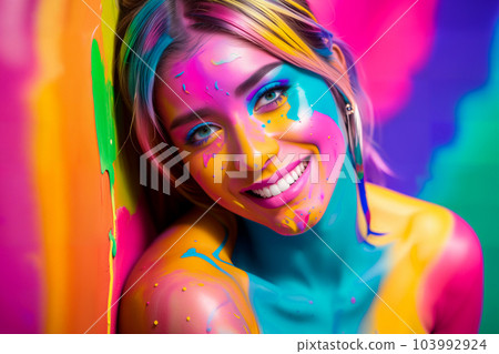 Naked smiling woman in creative bright colorful body art with decorative makeup made of colored paint with hair. Background painted abstractly with colored paint. Generative AI. 103992924