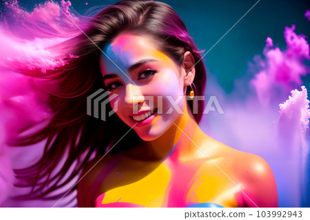Naked smiling woman in creative bright colorful body art with decorative make-up with splashes of colored powder at Holi festival in India. Abstract painted background. Generative AI. 103992943