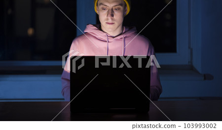 Man is working on a laptop at night. Man is working on a laptop at night. 103993002