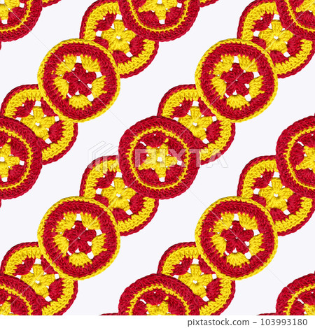 Decorative composition of multicolored knitted circles. Handmade patterns. Seamless pattern on white background 103993180