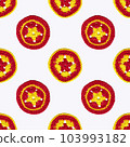 Decorative composition of multicolored knitted circles. Handmade patterns. Seamless pattern on white background 103993182