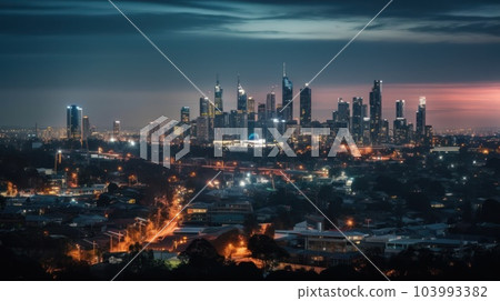 Panoramic skyline and modern commercial buildings with empty asphalt road. AI Generative. Panoramic skyline and modern commercial buildings with empty asphalt road. AI Generative. 103993382