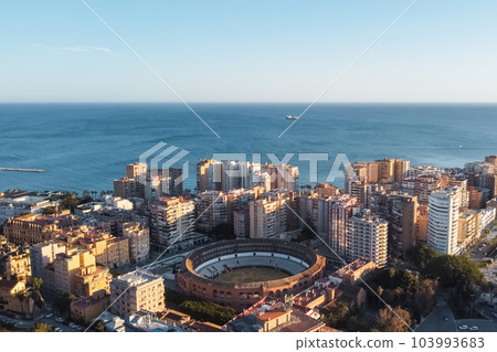 Malaga bullfight Arena and residential district, downtown, aerial view Malaga bullfight Arena and residential district, downtown, aerial view 103993683