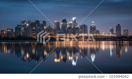 Panoramic skyline and modern commercial buildings with empty asphalt road. AI Generative. 103994042