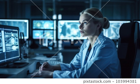 Medicine doctor working digital tablet for medical record of patient on interface. DNA.medical technology and futuristic concept.Digital healthcare and network on modern virtual screen.AI Generative 103994381
